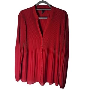 Alfani red pleated button front blouse v neck long sleeve women's plus size 16